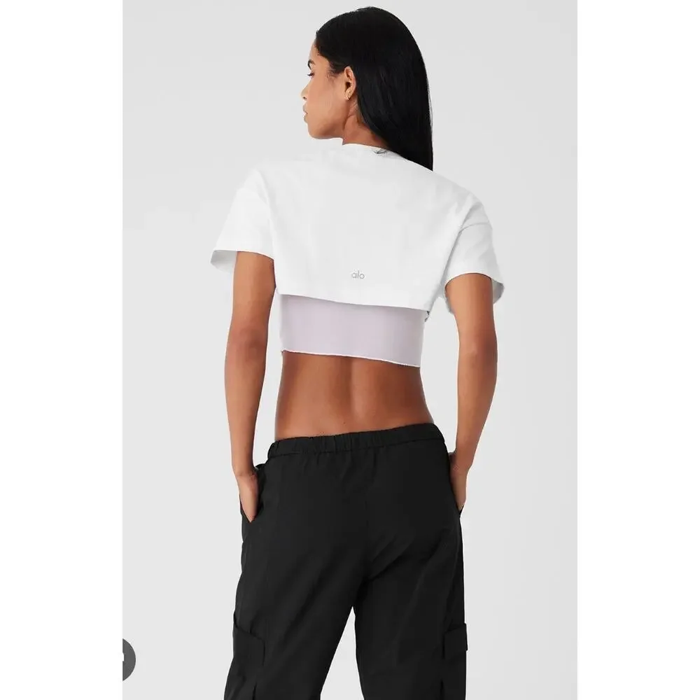 Alo Yoga Top Women Small Made You Look Cropped Tee White Layered Casual Yoga